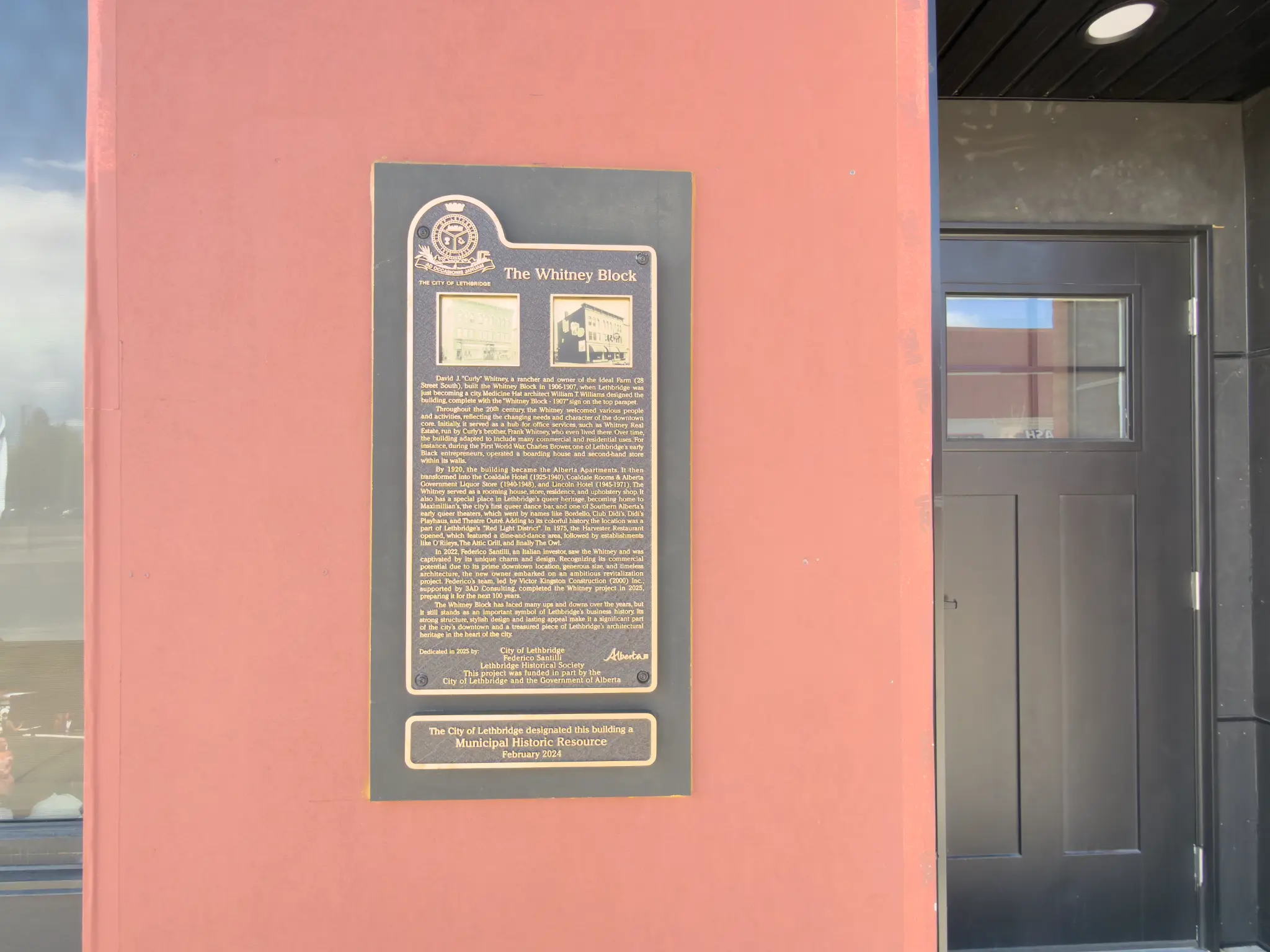 Municipal Historic Resource designation plaque, The Whitney Block Lethbridge