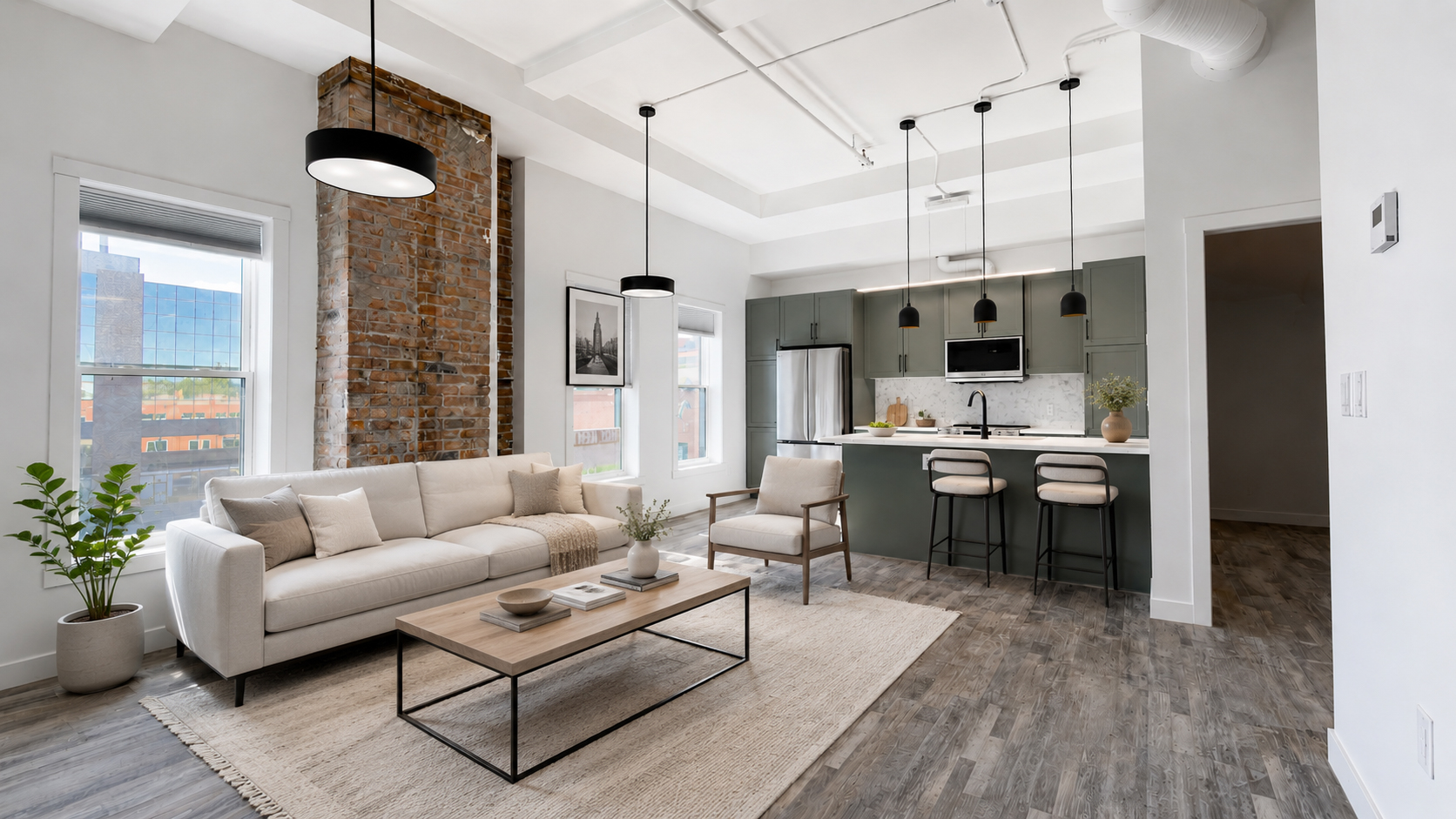 Bright living room with heritage arched windows in 1 bedroom suite at The Whitney Block, Lethbridge AB